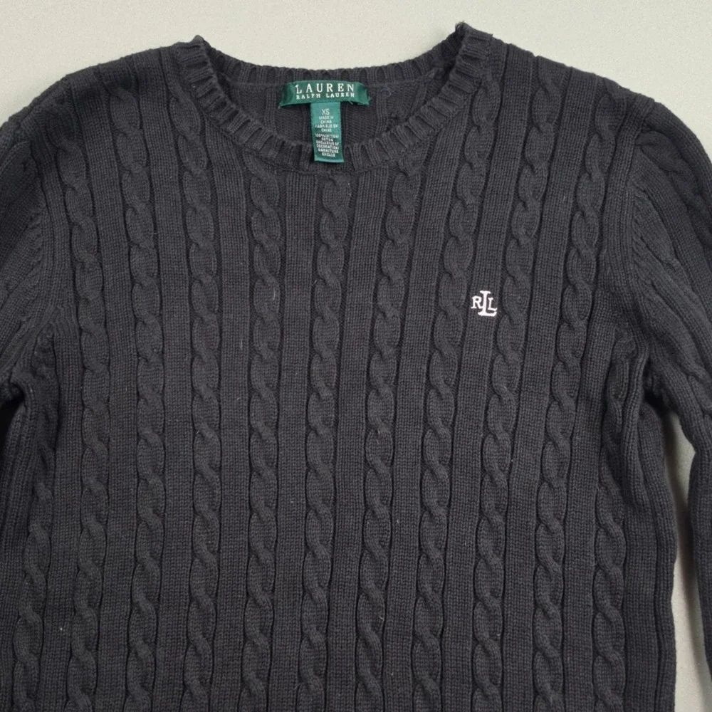 Lauren Ralph Lauren Cable Knit Sweater Womens XS Black Crewneck Cotton Pullover